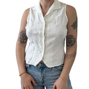 Vintage Valerie Stevens 100% Linen White Sleeveless Button up Blouse Petite M
